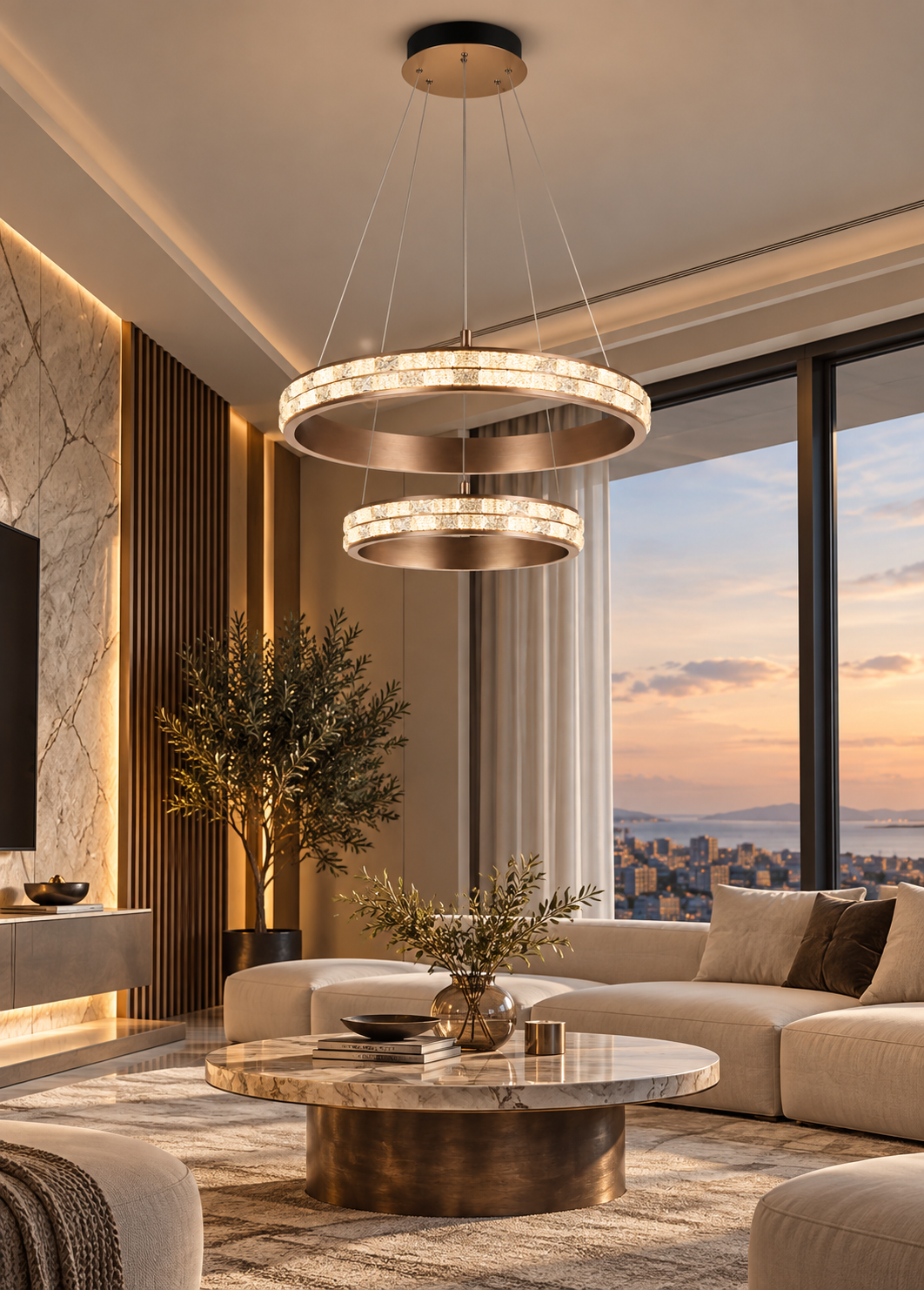 Bronz Çift Halkalı Led Sarkıt Avize