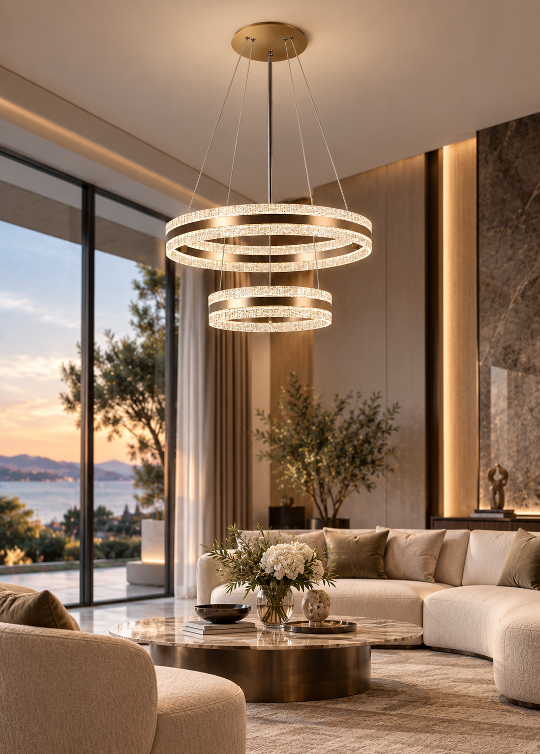 Bronz Çift Halkalı Led Sarkıt Avize